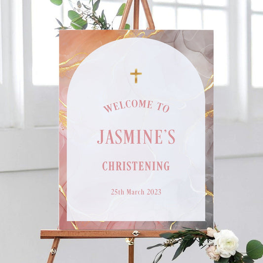 Orange Gold Marble Christening Welcome Sign