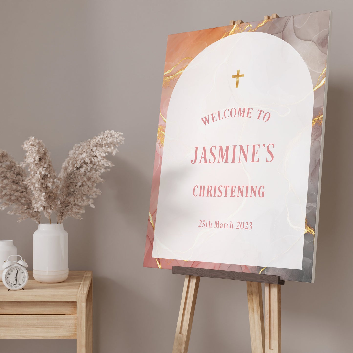 Orange Gold Marble Christening Welcome Sign