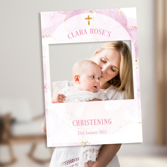 Pink and White Christening Selfie Frame & Sign