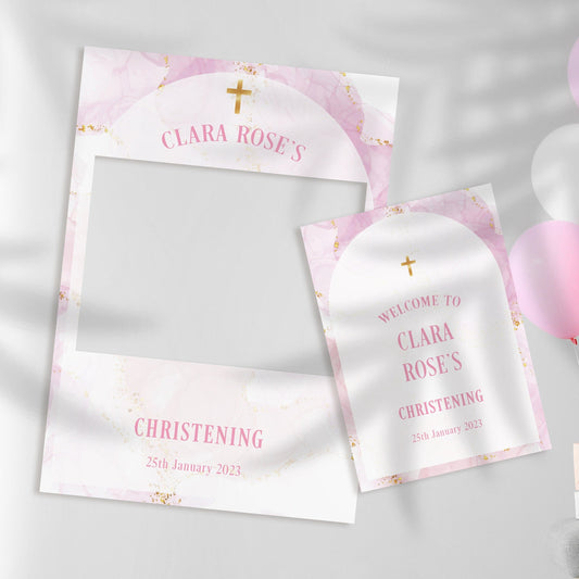 Pink and White Christening Selfie Frame & Sign