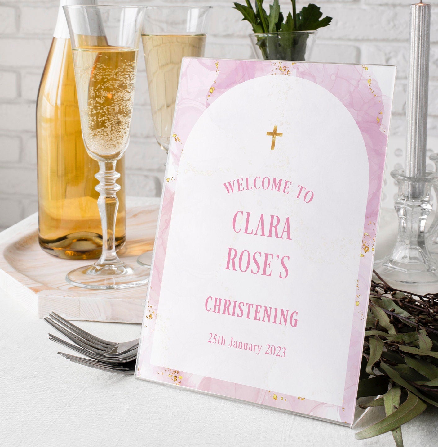 Pink and Gold Marble Effect Christening Party Sign