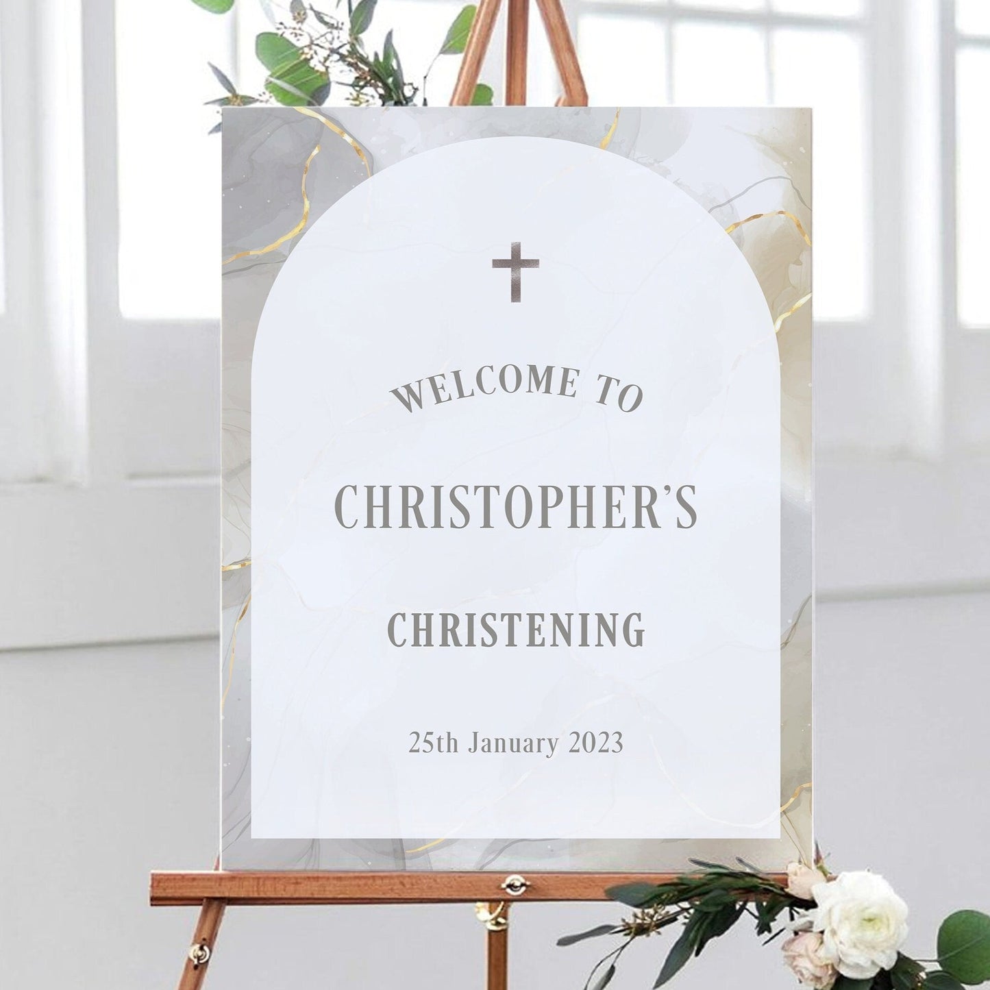 Grey and Gold Christening Party Sign, Marble Theme