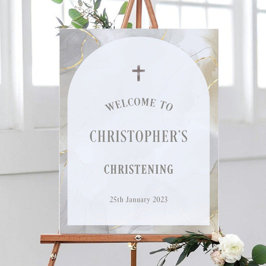 Grey and Gold Christening Party Sign, Marble Theme