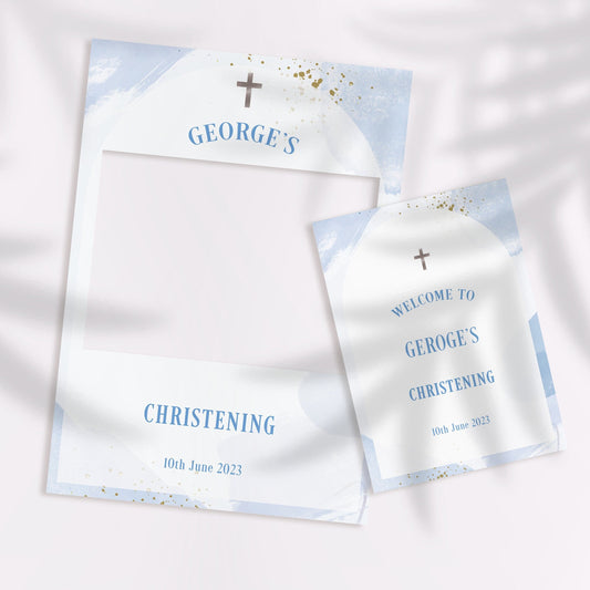 Light Blue Christening Selfie Frame & Christening Welcome Sign