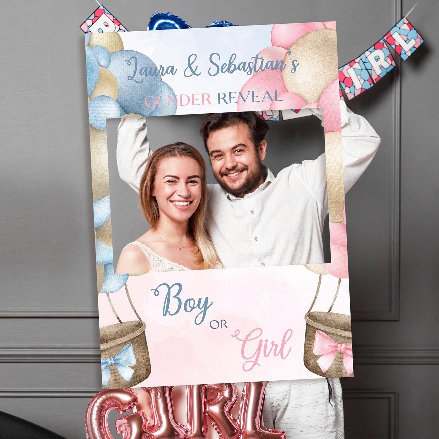 Pink and Blue Hot Air Balloon Gender Reveal Selfie Frame and Matching Party Sign