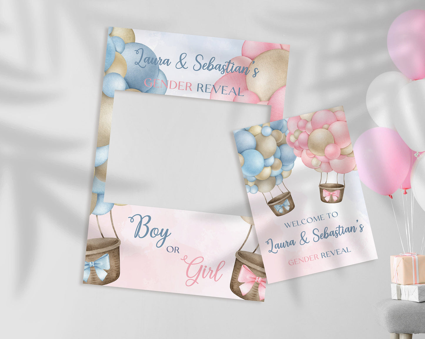 Pink and Blue Hot Air Balloon Gender Reveal Selfie Frame and Matching Party Sign