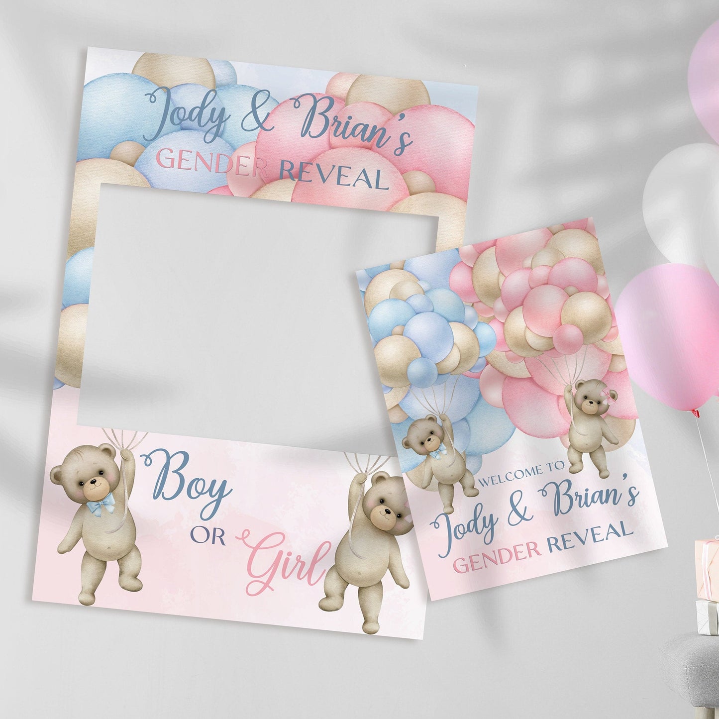 Pink and Blue Balloon Gender Reveal Selfie Frame and Matching Party Sign