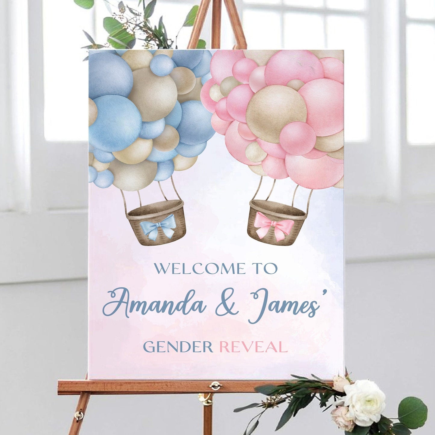 Pink and Blue Hot Air Balloon Gender Reveal Welcome Party Sign