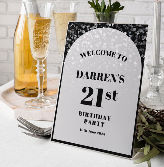 Black and Silver Birthday Party Selfie Frame and Welcome Party Sign