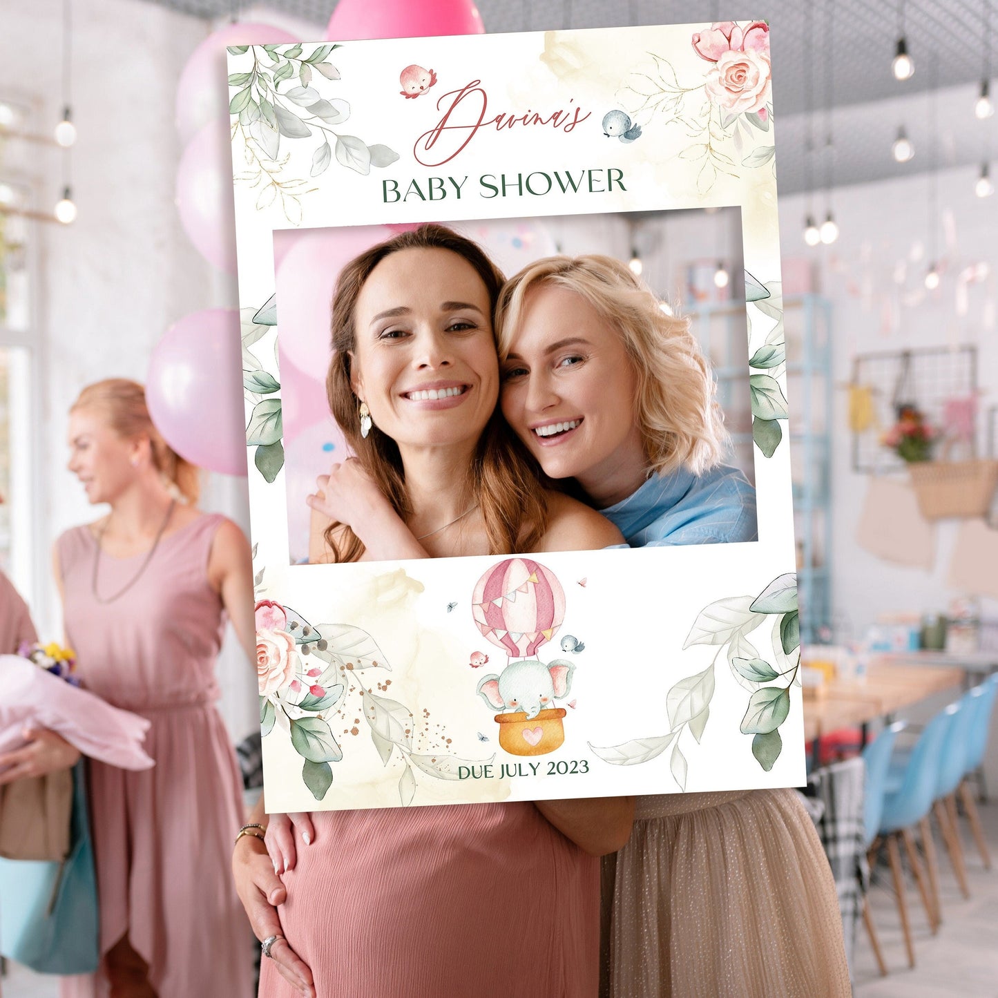 Pink Elephant Balloon Baby Shower Selfie Frame and Welcome Sign