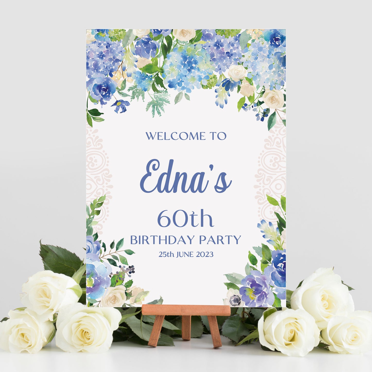 Blue Floral 60th Birthday Party Sign