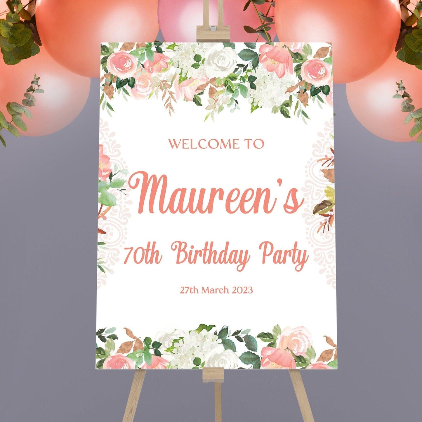 Peach Floral 70th Birthday Party Sign - Smart Party Shop