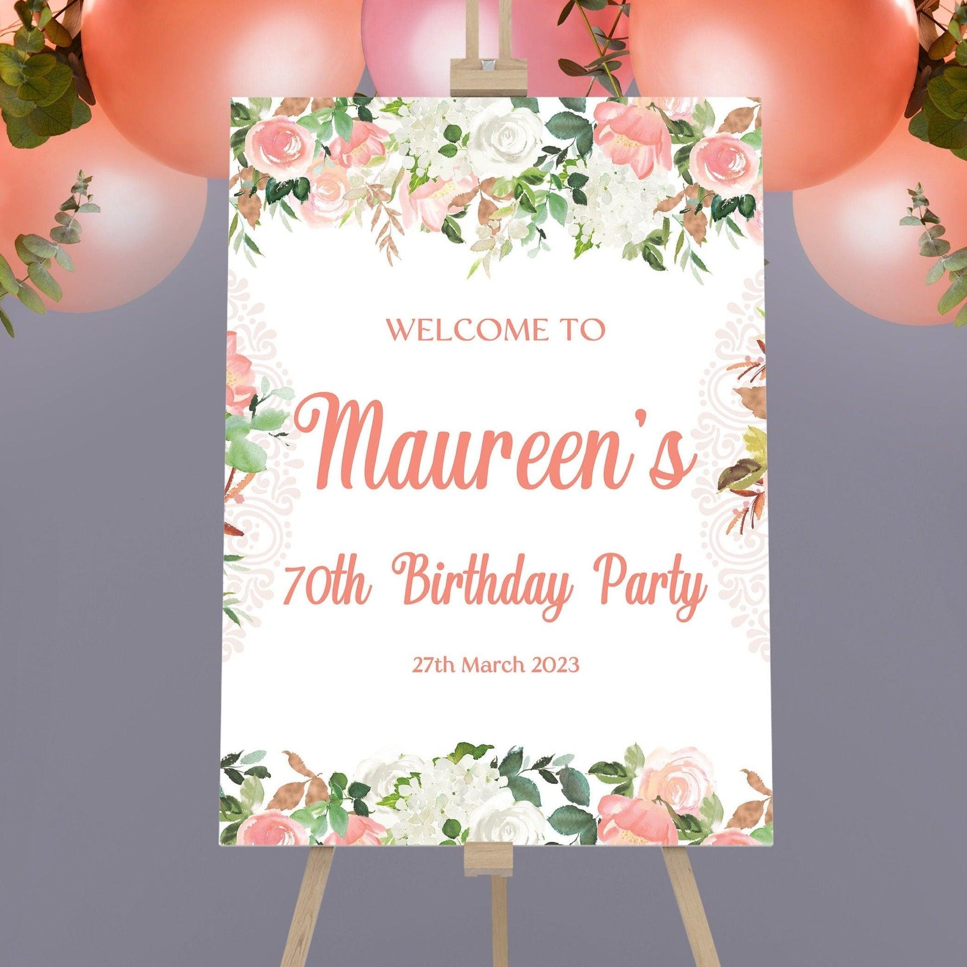 Peach Floral 70th Birthday Party Sign - Smart Party Shop