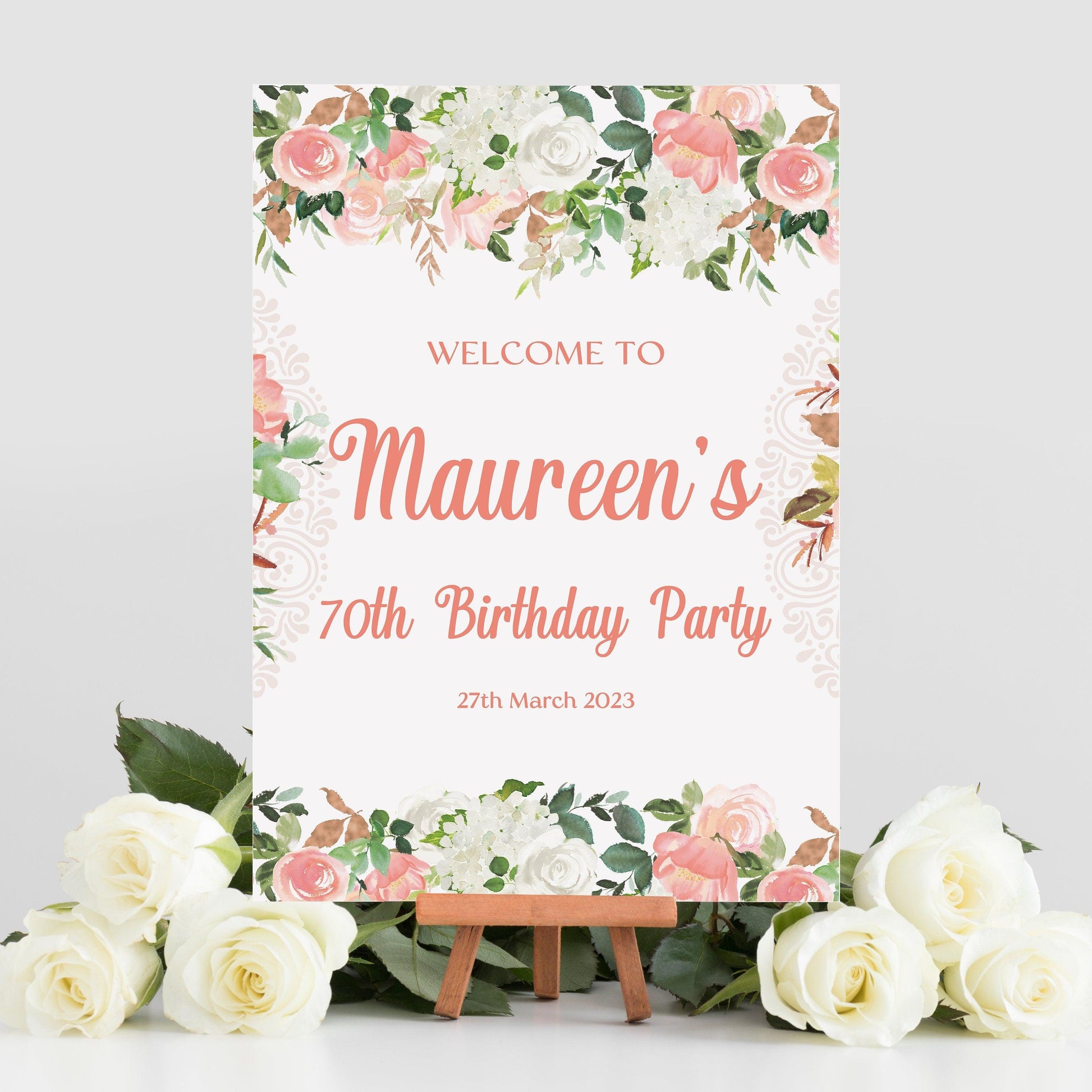 Peach Floral 70th Birthday Party Sign - Smart Party Shop