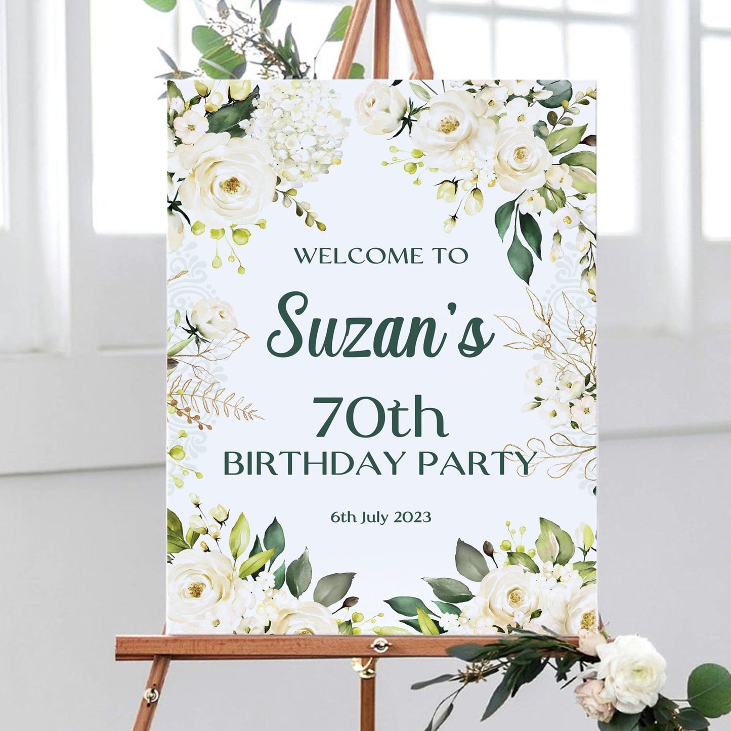 White Rose 70th Birthday Party Sign