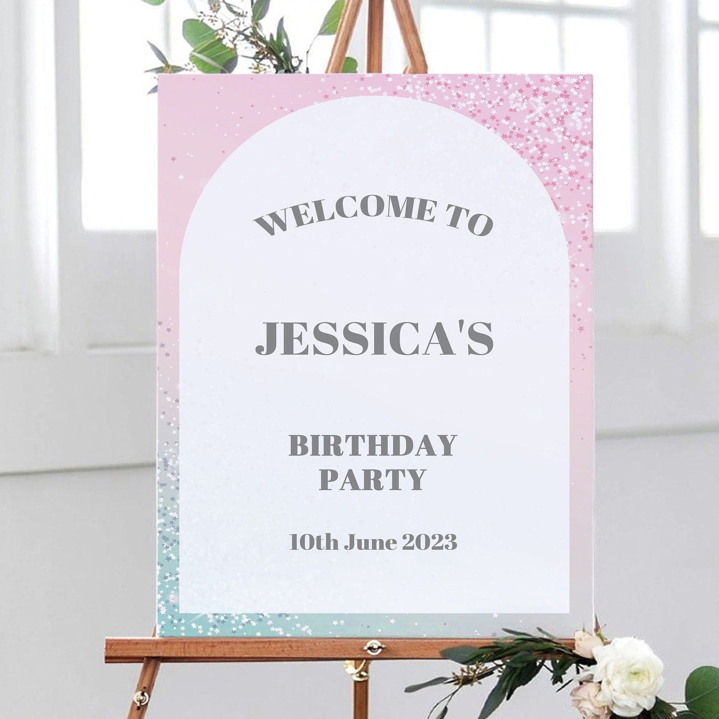 Pink and Silver Stars Birthday Party Welcome Sign