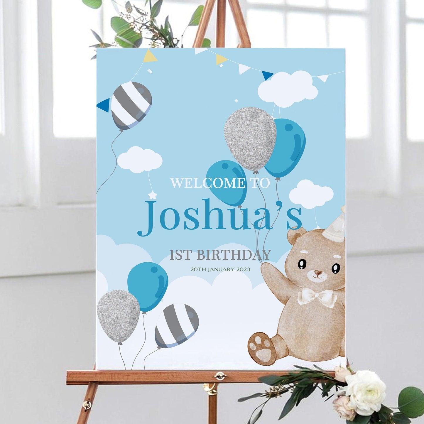 Blue Baby Boy 1st Birthday Welcome Party Sign