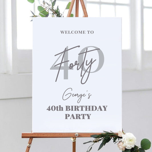 Grey and White 40th Birthday Party Welcome Sign