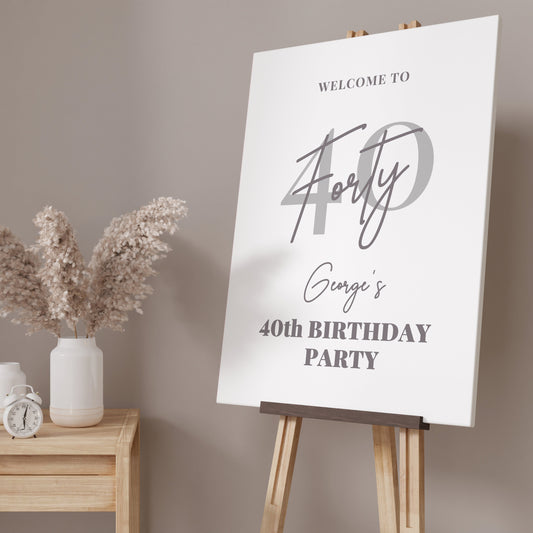 Grey and White 40th Birthday Party Welcome Sign