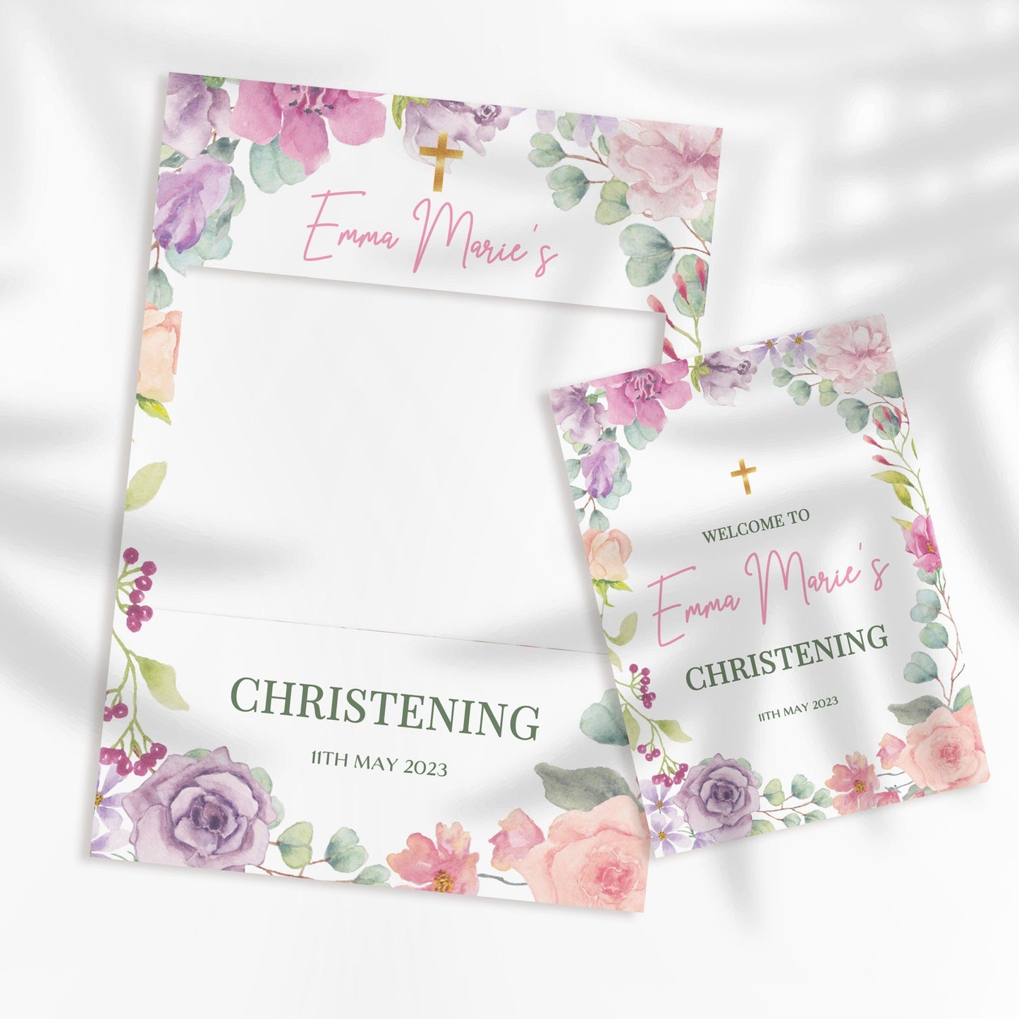 Pink Pastel Roses Christening Selfie Frame & Welcome Sign