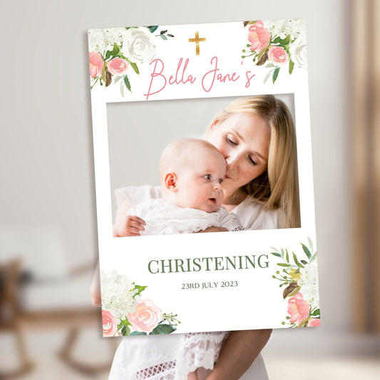 Peach Floral Christening Frame & Welcome Sign