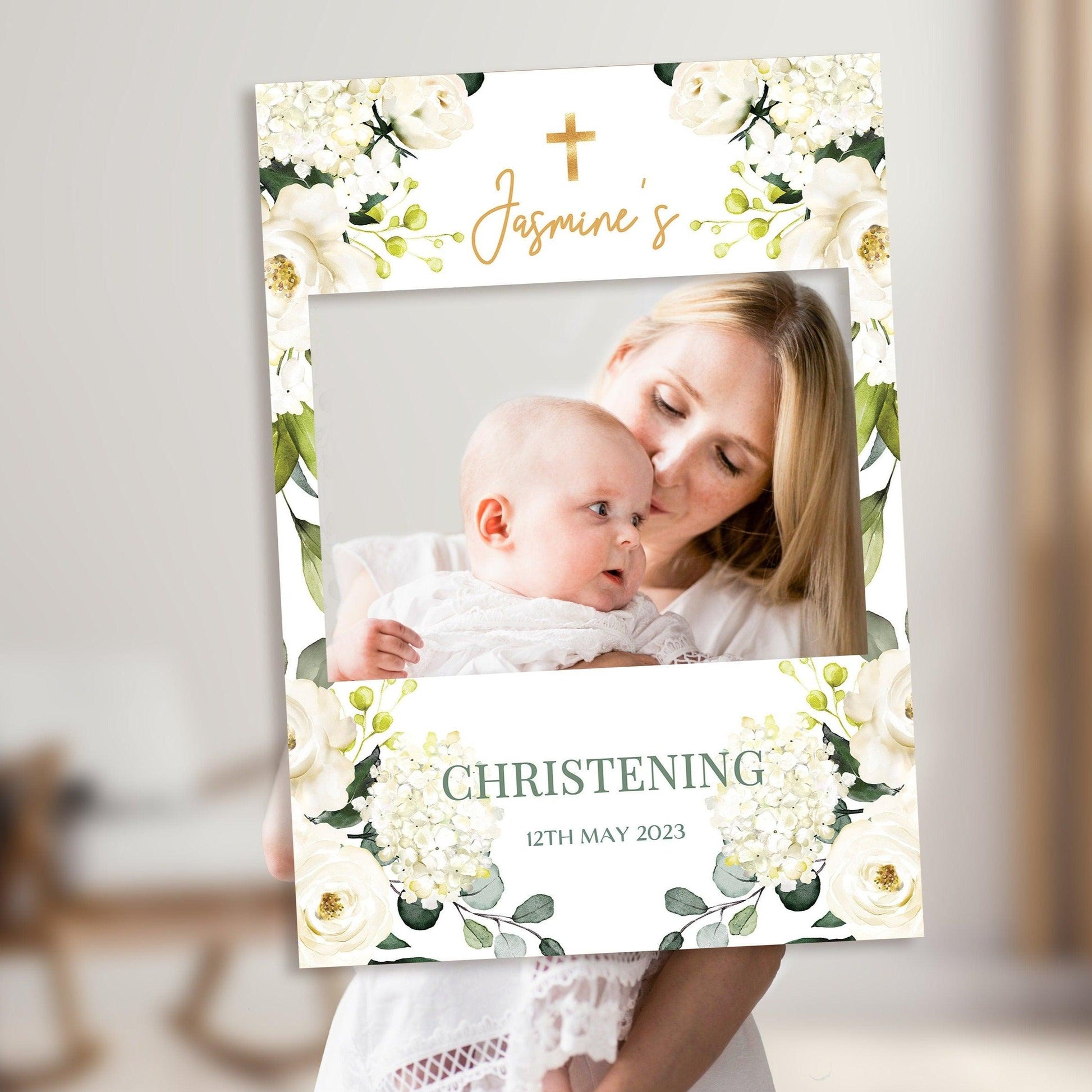 White Rose Christening Selfie Frame & Welcome Sign - Smart Party Shop