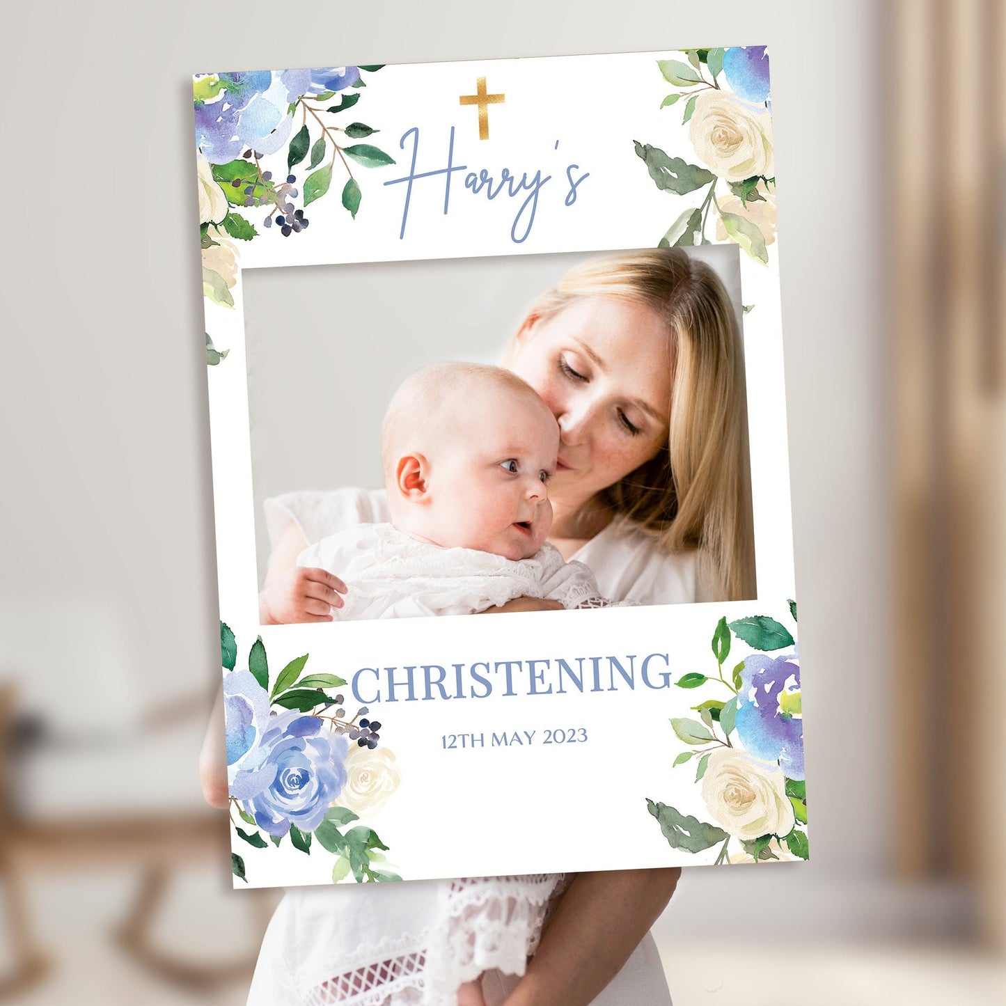 Blue Roses Christening Selfie Frame & Welcome Sign