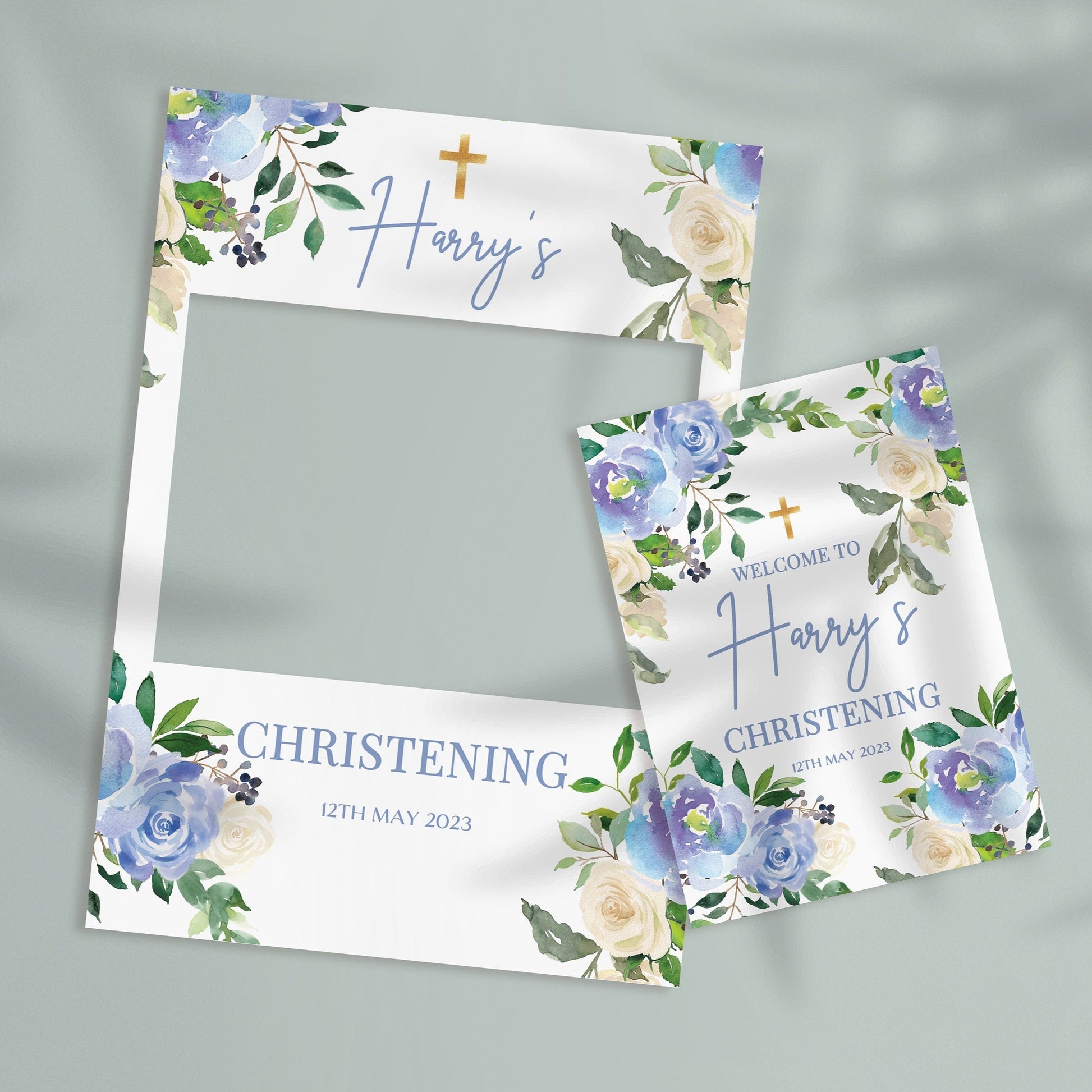 Blue Roses Christening Selfie Frame & Sign Smart Party Shop