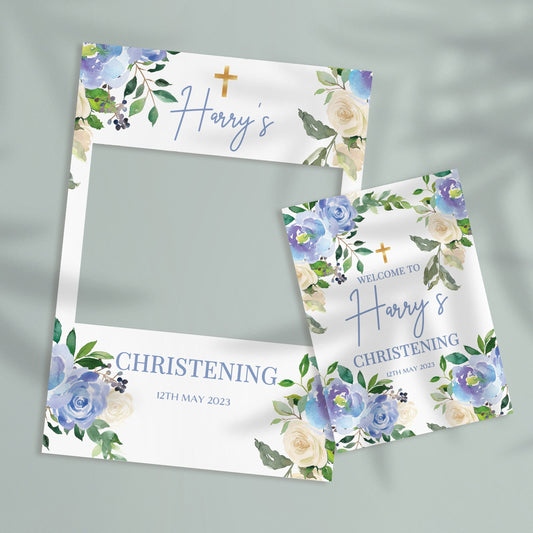 Blue Roses Christening Selfie Frame & Welcome Sign