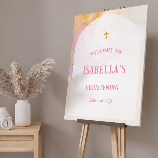 Pink and Gold Marble Christening Welcome Sign