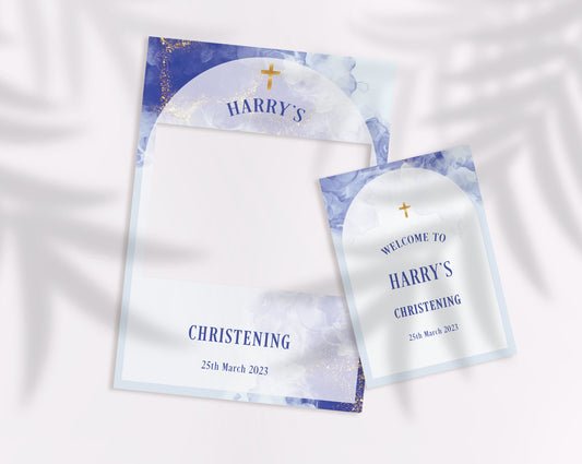 Blue and White Christening Selfie Frame & Welcome Sign