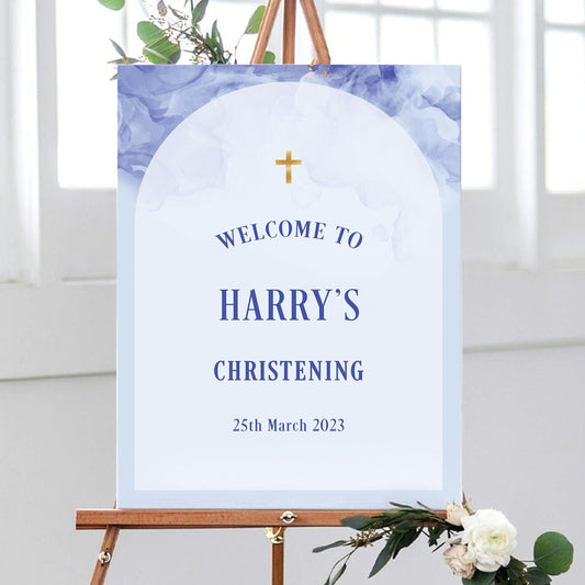 Blue and White Christening Welcome Sign