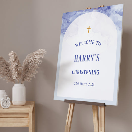 Blue and White Christening Welcome Sign