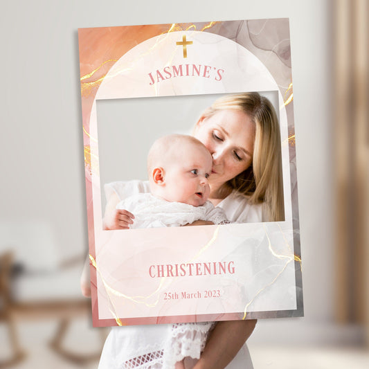 Orange and Gold Christening Selfie Frame & Welcome Sign