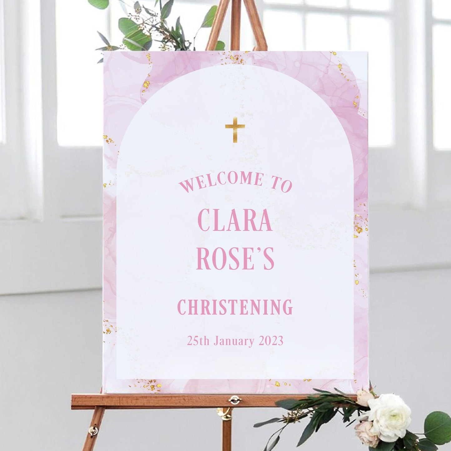 Pink and Gold Marble Effect Christening Party Sign
