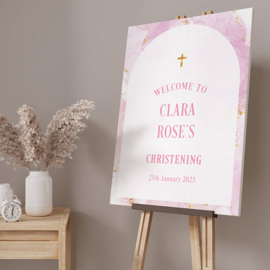 Pink and Gold Marble Effect Christening Party Sign