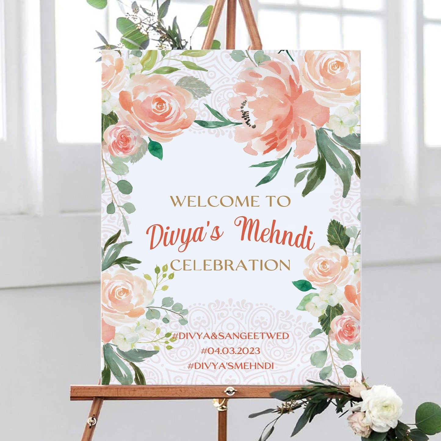 Peach Floral Mehndi / Nikah Party Welcome Sign