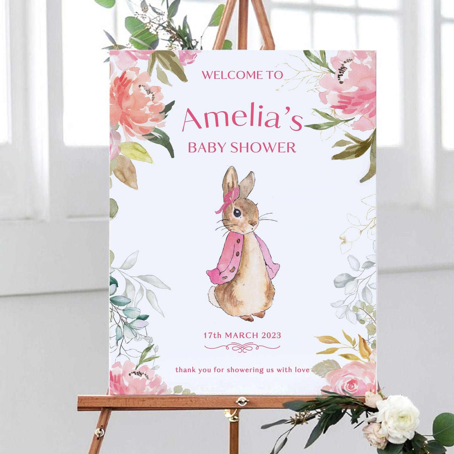 Pink Peter Rabbit Baby Shower Sign