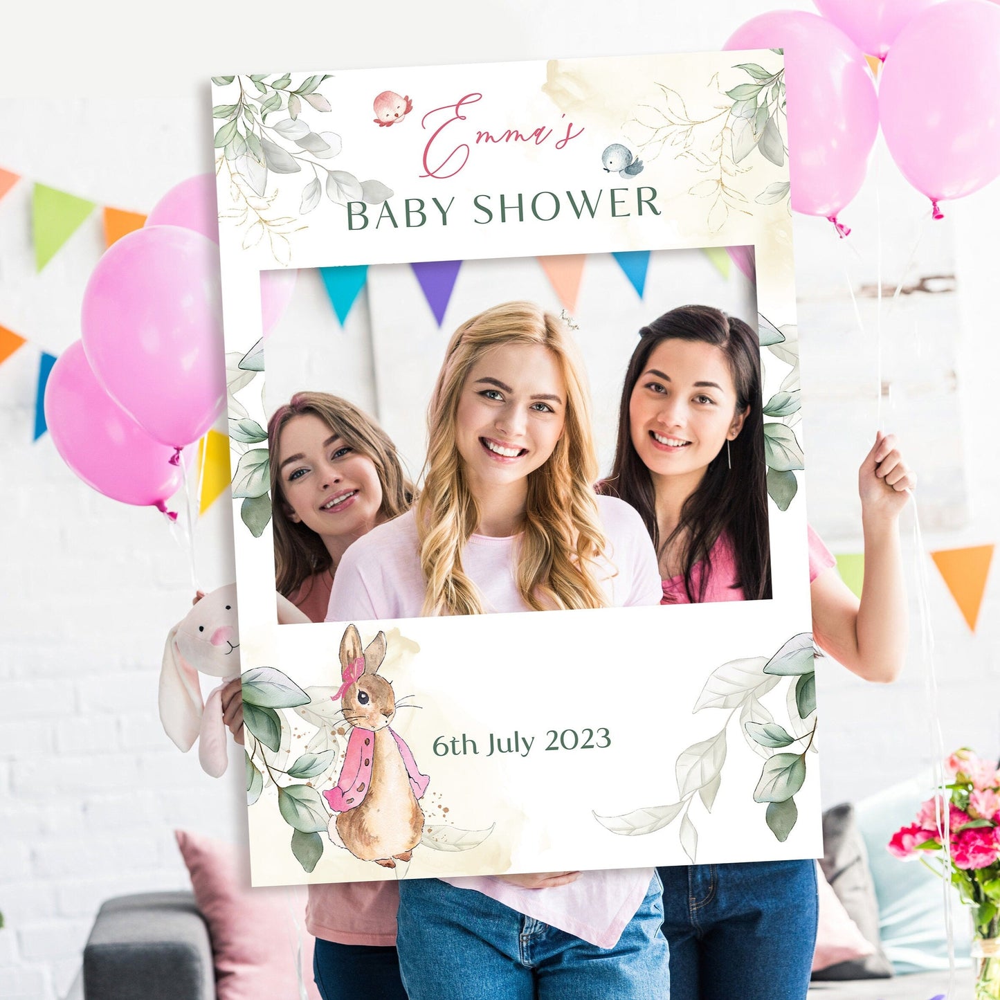 Pink Peter Rabbit Baby Shower Party Selfie Frame and Welcome Sign