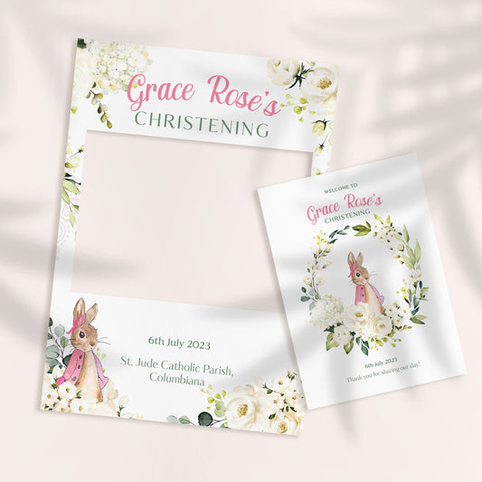 Girl's Peter Rabbit Christening Selfie Frame and Welcome Sign