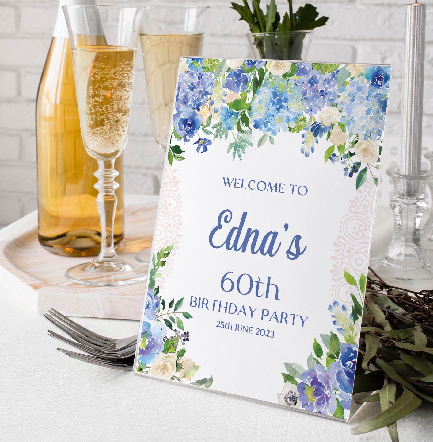 Blue Floral 60th Birthday Party Sign