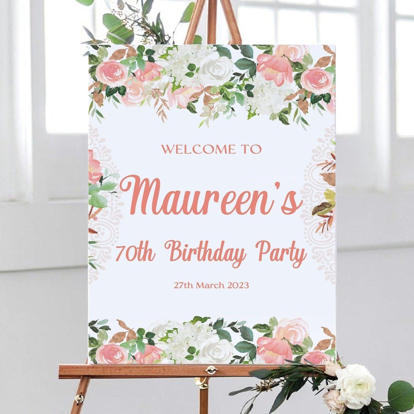 Peach Floral 70th Birthday Party Sign - Smart Party Shop