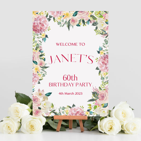 Pink Floral 60th Birthday Party Sign