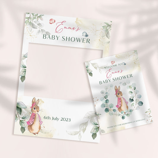 Pink Peter Rabbit Baby Shower Party Selfie Frame and Welcome Sign