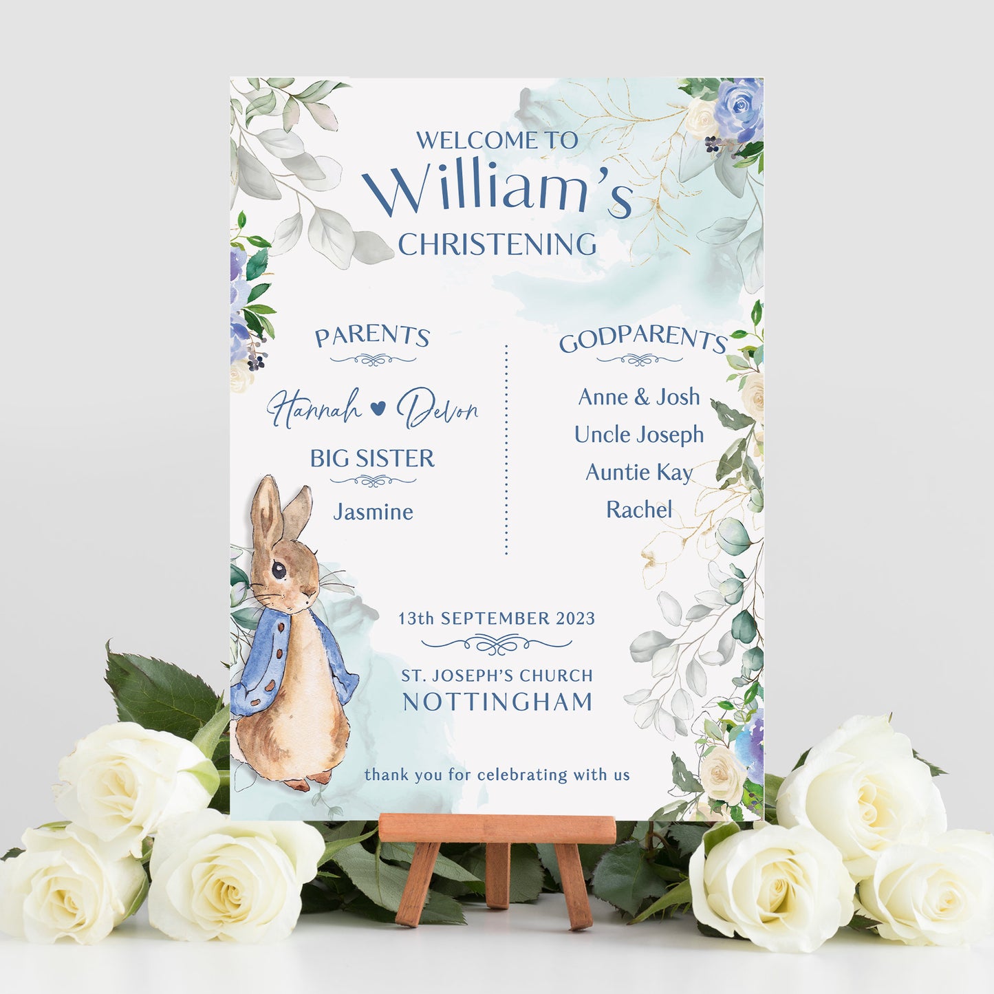 Boy's Peter Rabbit Christening Selfie Frame and Welcome Sign