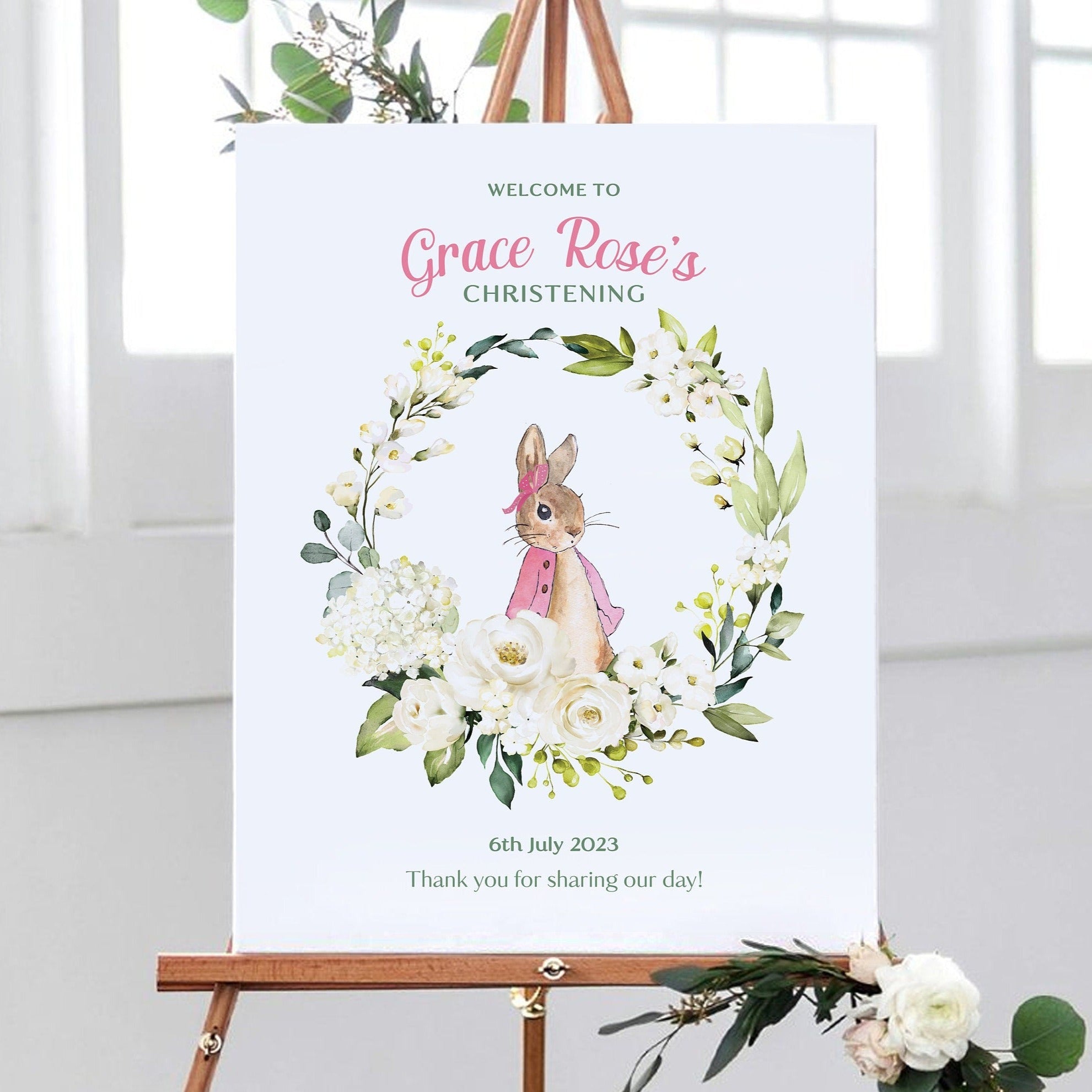 Penelope Rabbit Sign Pink Peter Rabbit Christening Sign – Smart Party Shop
