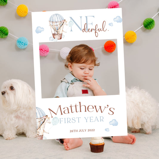 Blue ONEderful Baby's 1st Year Milestone Birthday Sign and Matching Selfie Frame